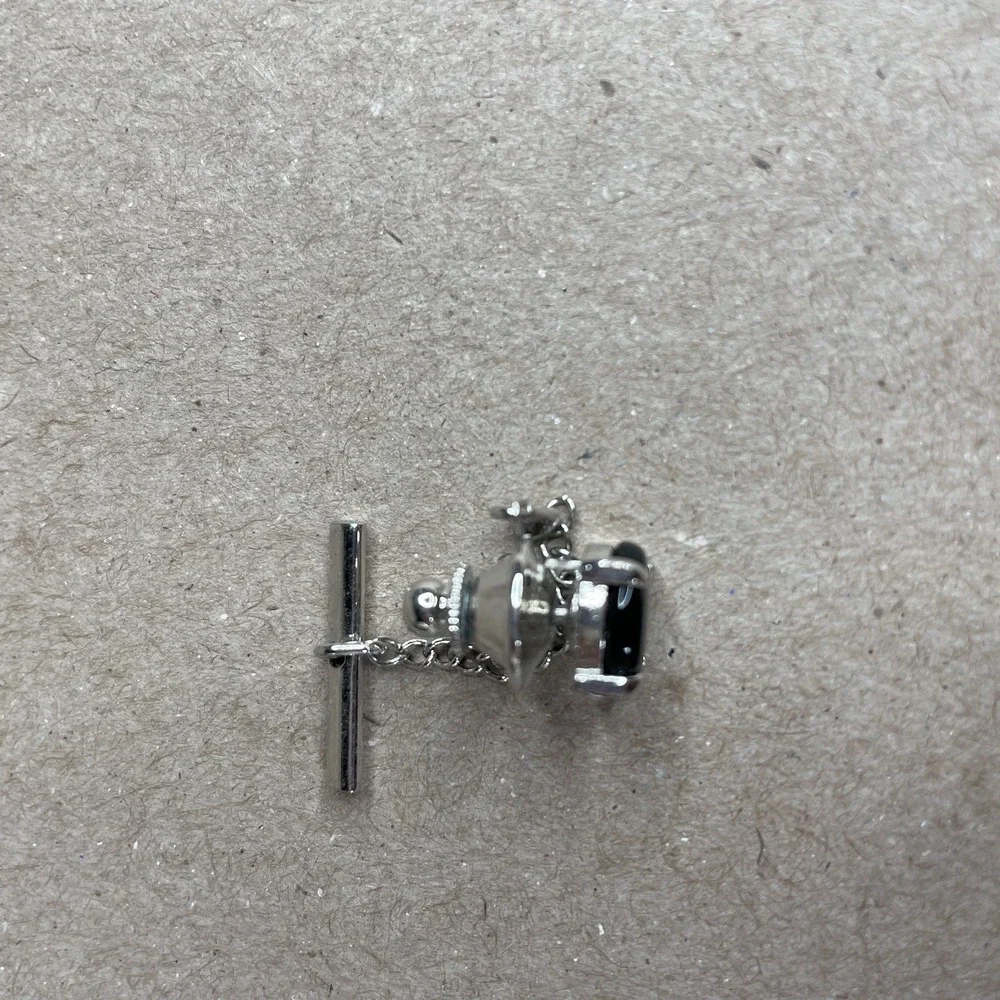 Vintage Black Stone Tie Tack Lapel Pin‎ Style Suit Accessory Silver Tone
